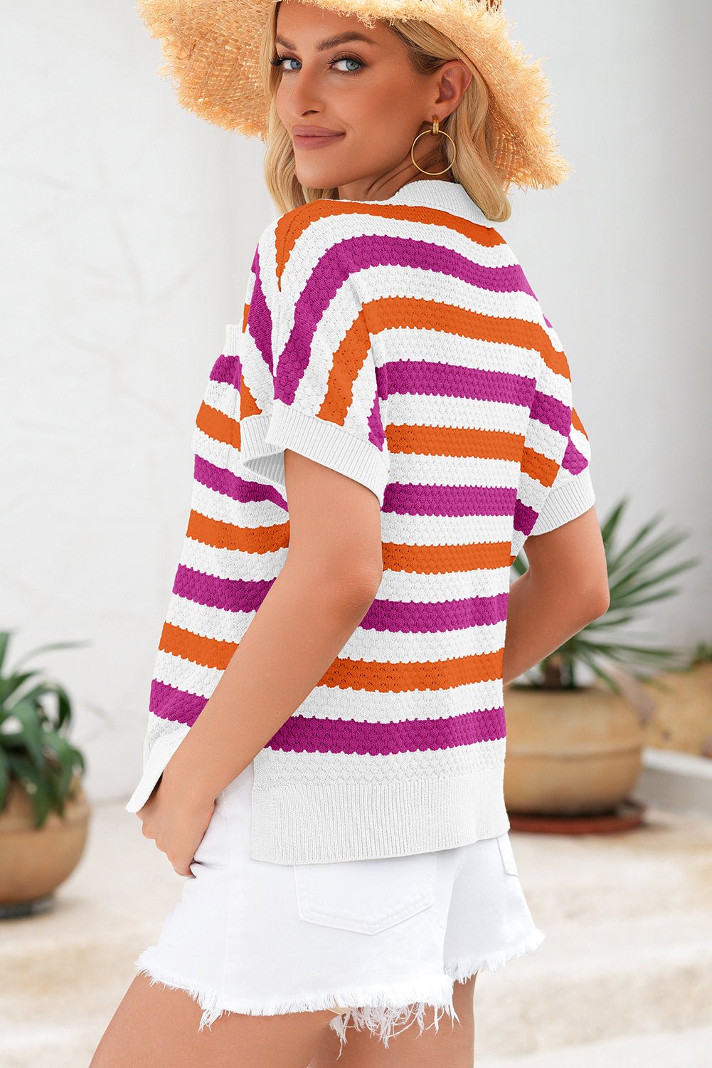 Rose Stripe V Neck Short Sleeve Sweater with Side Slits - MAD RUFFI