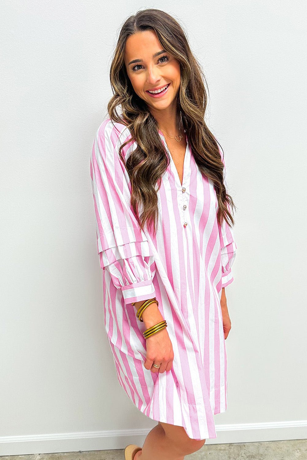Rose Striped Long Sleeve Buttons Loose Mini Dress - MAD RUFFI