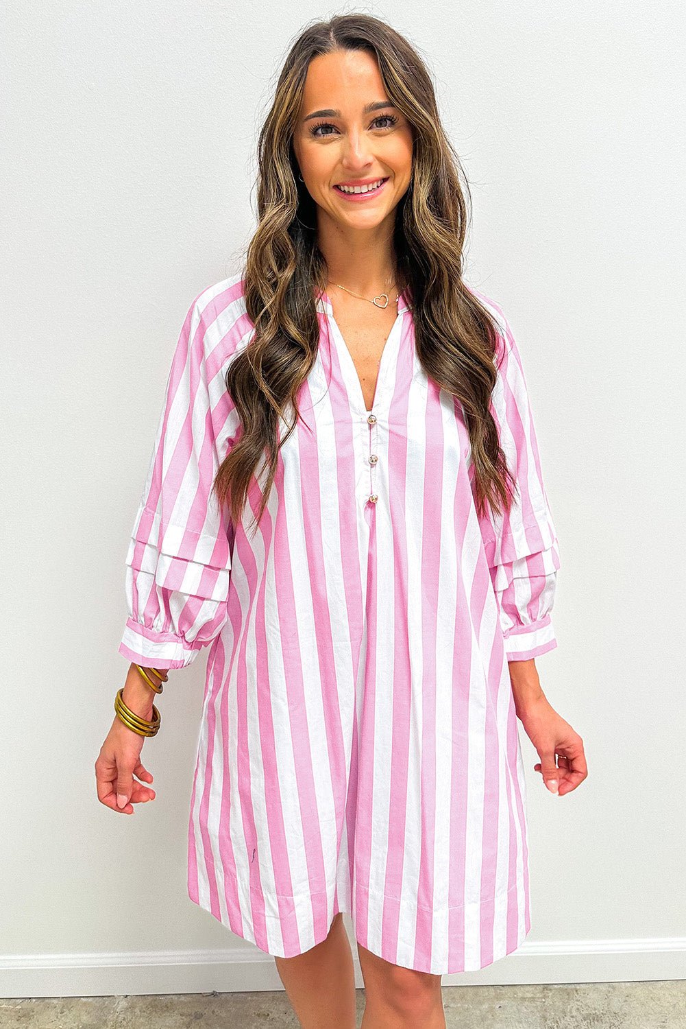 Rose Striped Long Sleeve Buttons Loose Mini Dress - MAD RUFFI