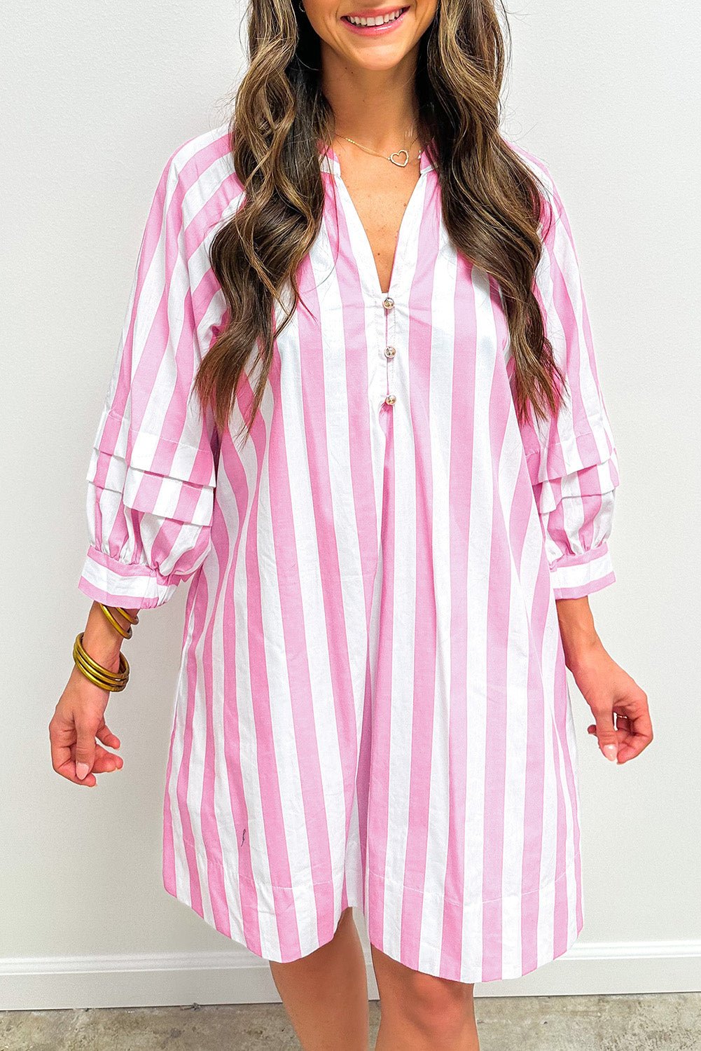 Rose Striped Long Sleeve Buttons Loose Mini Dress - MAD RUFFI