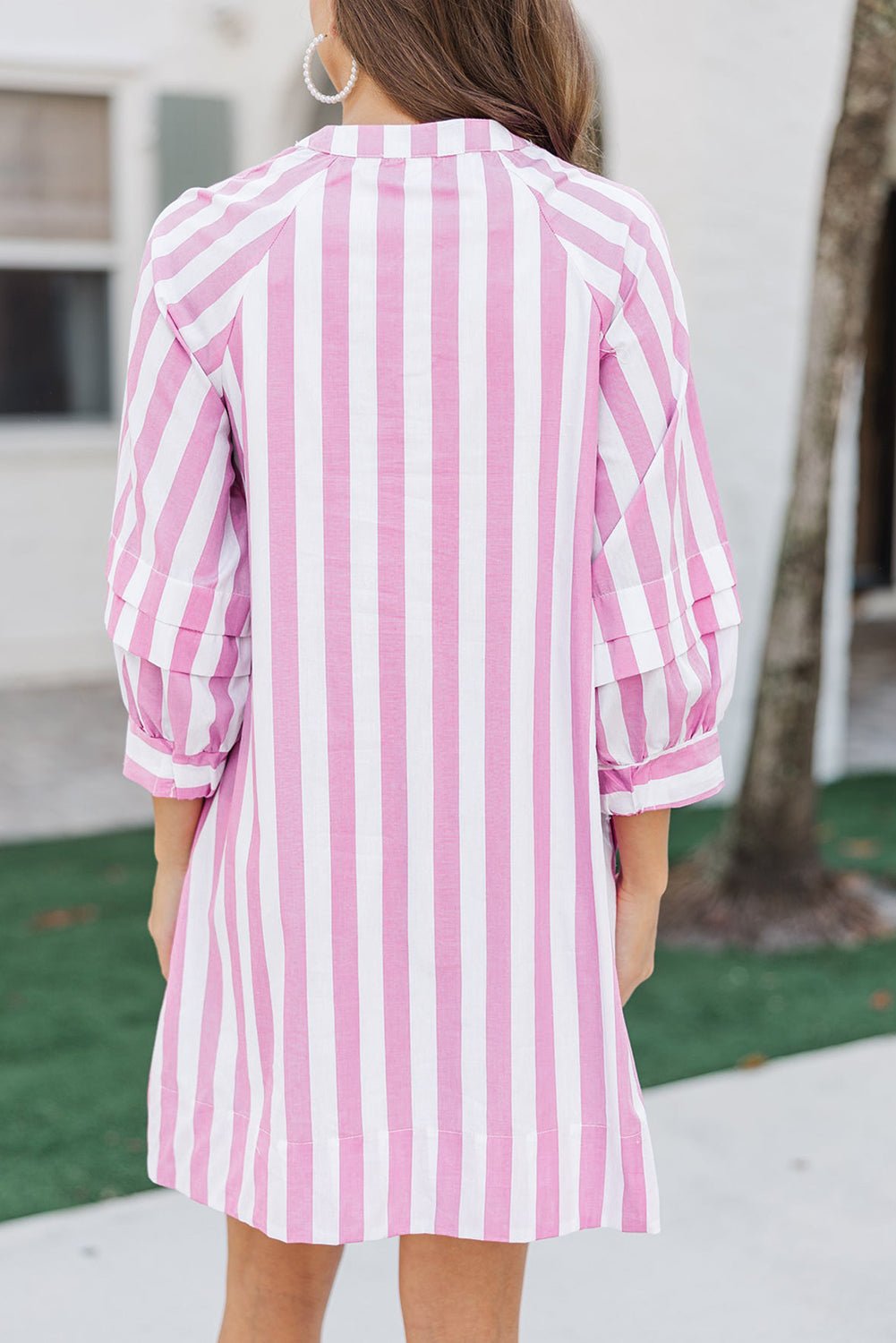 Rose Striped Long Sleeve Buttons Loose Mini Dress - MAD RUFFI