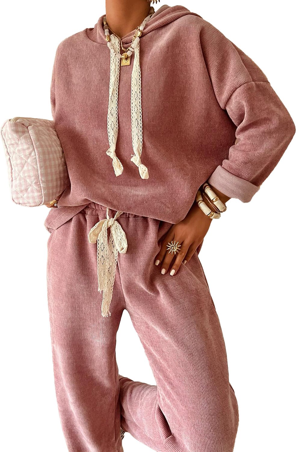 Rose Tan Drawstring Pullover Hoodie and High Waist Pants Corduroy Suit - MAD RUFFI