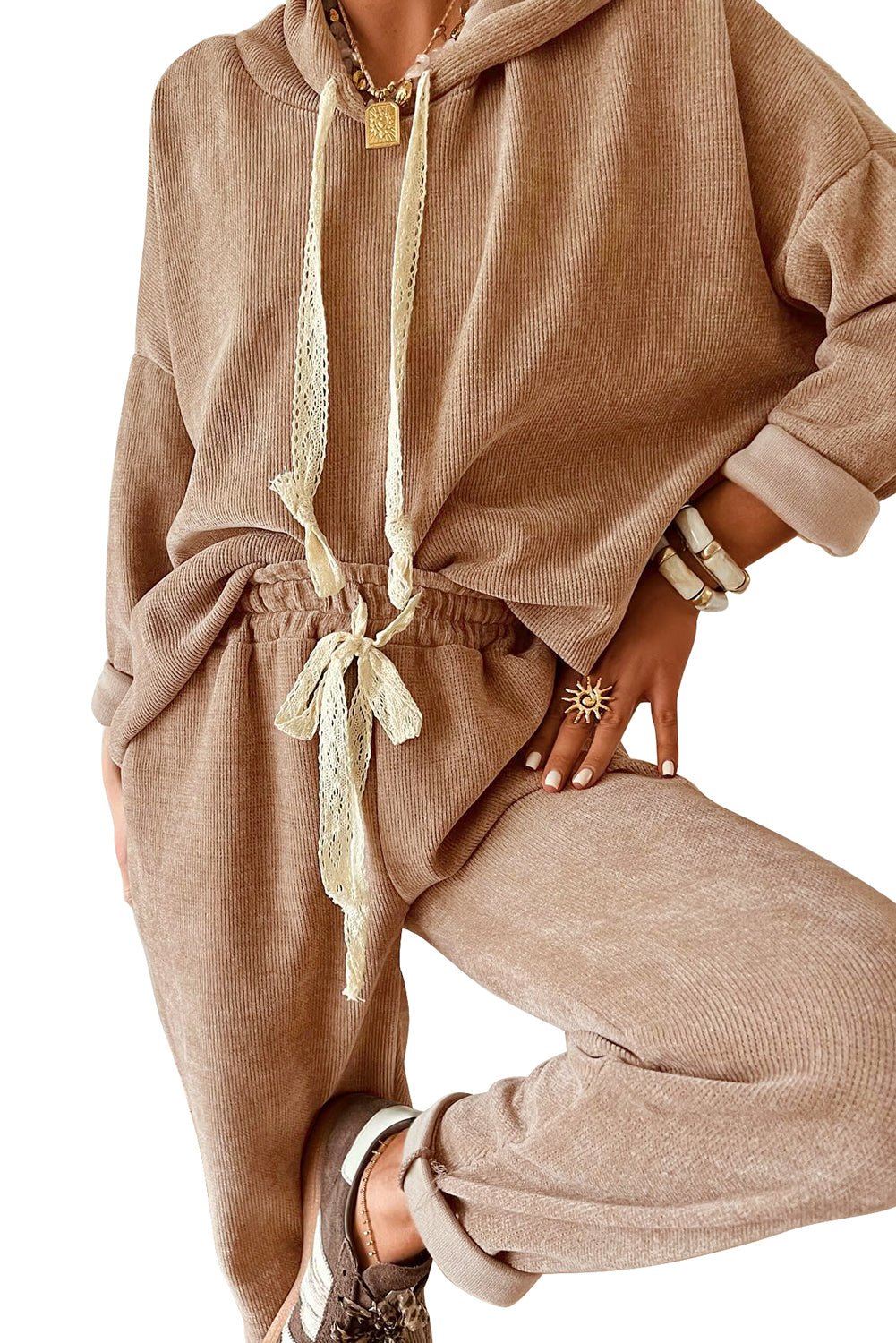 Rose Tan Drawstring Pullover Hoodie and High Waist Pants Corduroy Suit - MAD RUFFI