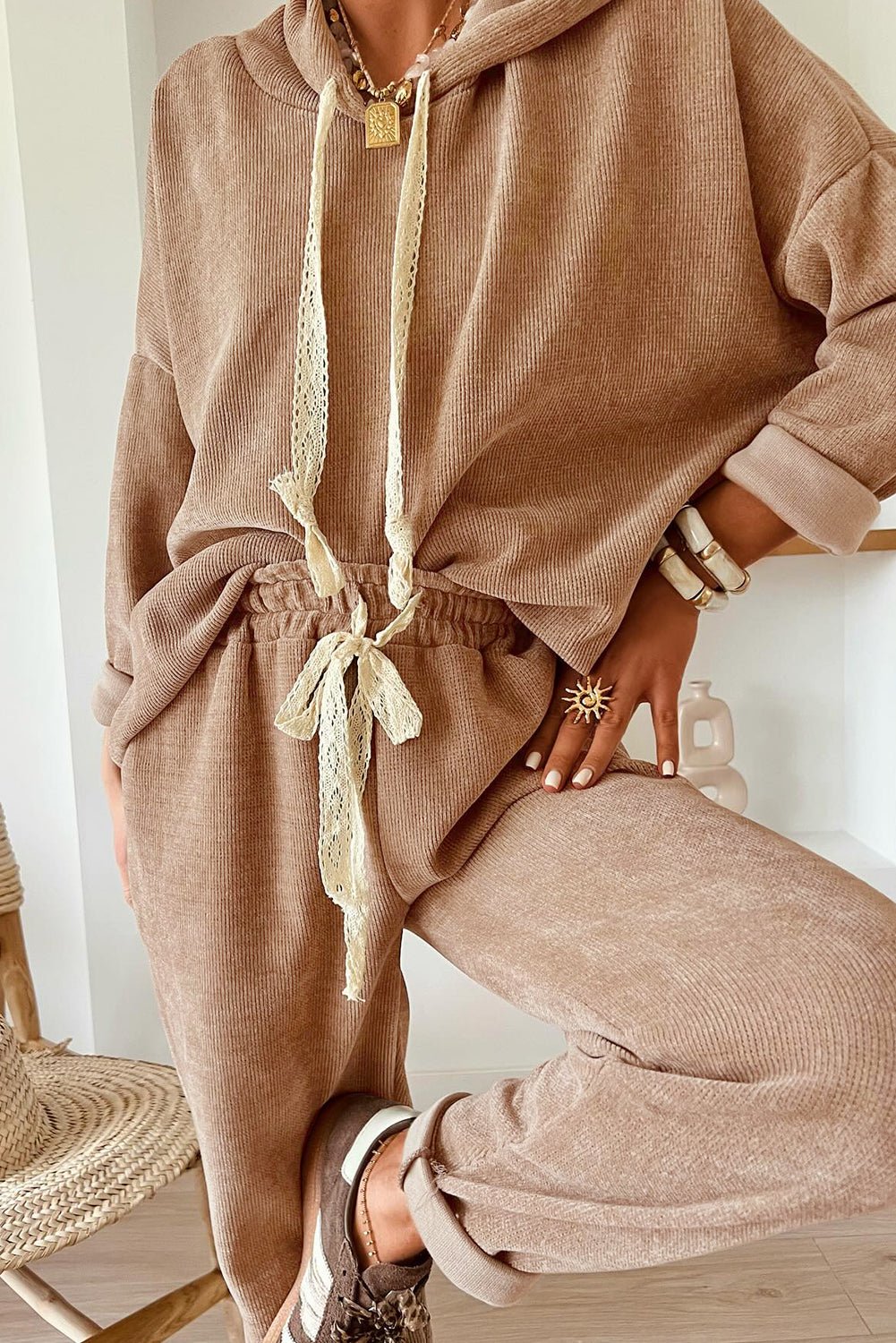 Rose Tan Drawstring Pullover Hoodie and High Waist Pants Corduroy Suit - MAD RUFFI
