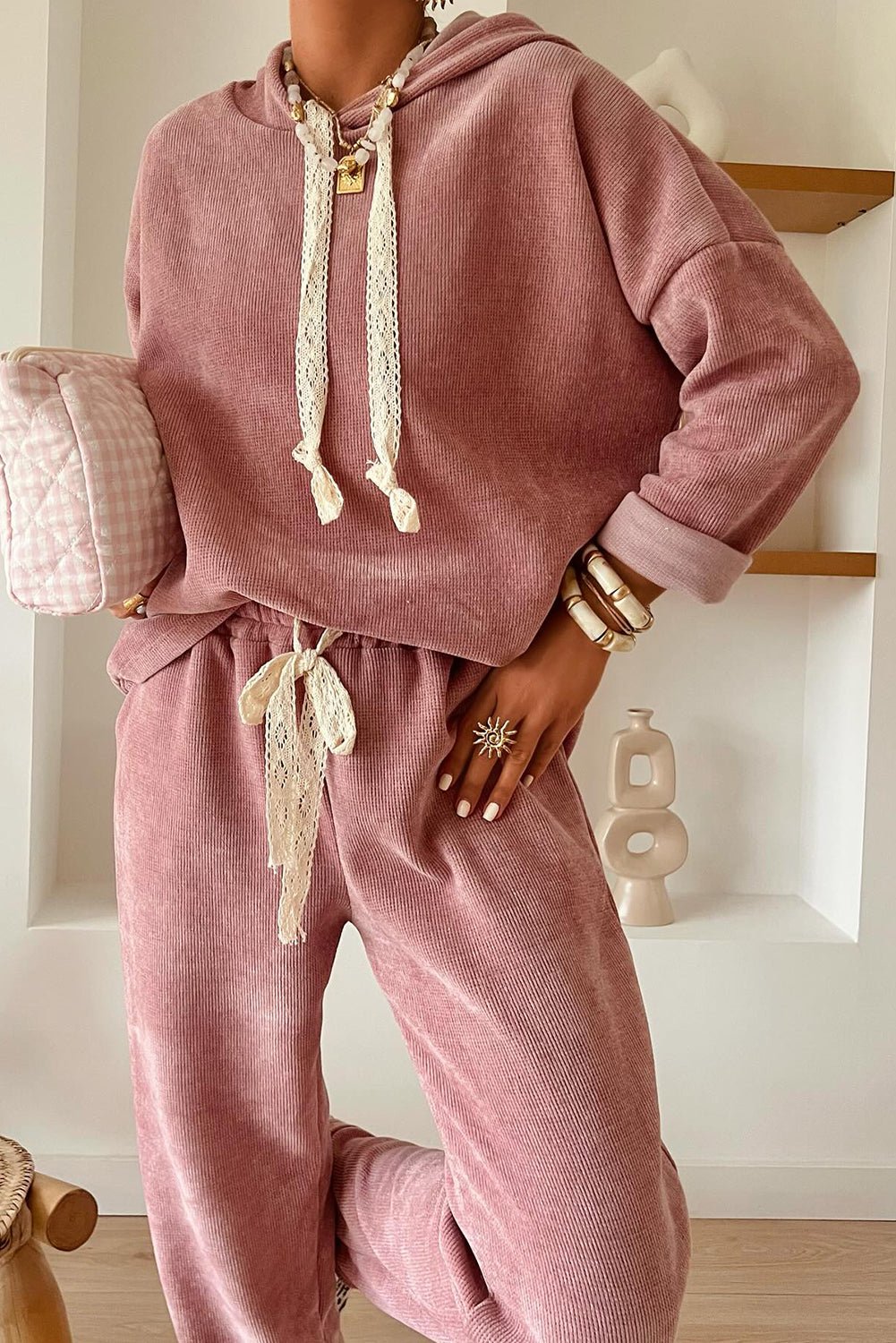 Rose Tan Drawstring Pullover Hoodie and High Waist Pants Corduroy Suit - MAD RUFFI