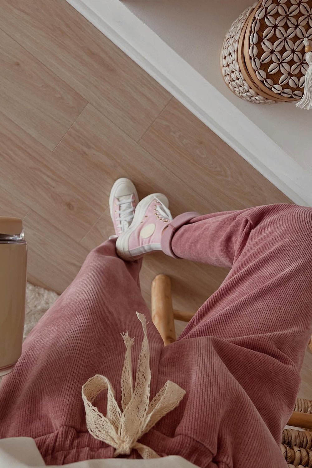 Rose Tan Drawstring Pullover Hoodie and High Waist Pants Corduroy Suit - MAD RUFFI