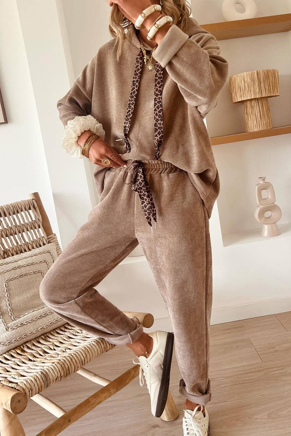Rose Tan Drawstring Pullover Hoodie and High Waist Pants Corduroy Suit - MAD RUFFI