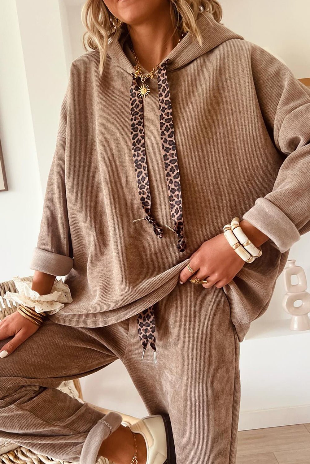 Rose Tan Drawstring Pullover Hoodie and High Waist Pants Corduroy Suit - MAD RUFFI