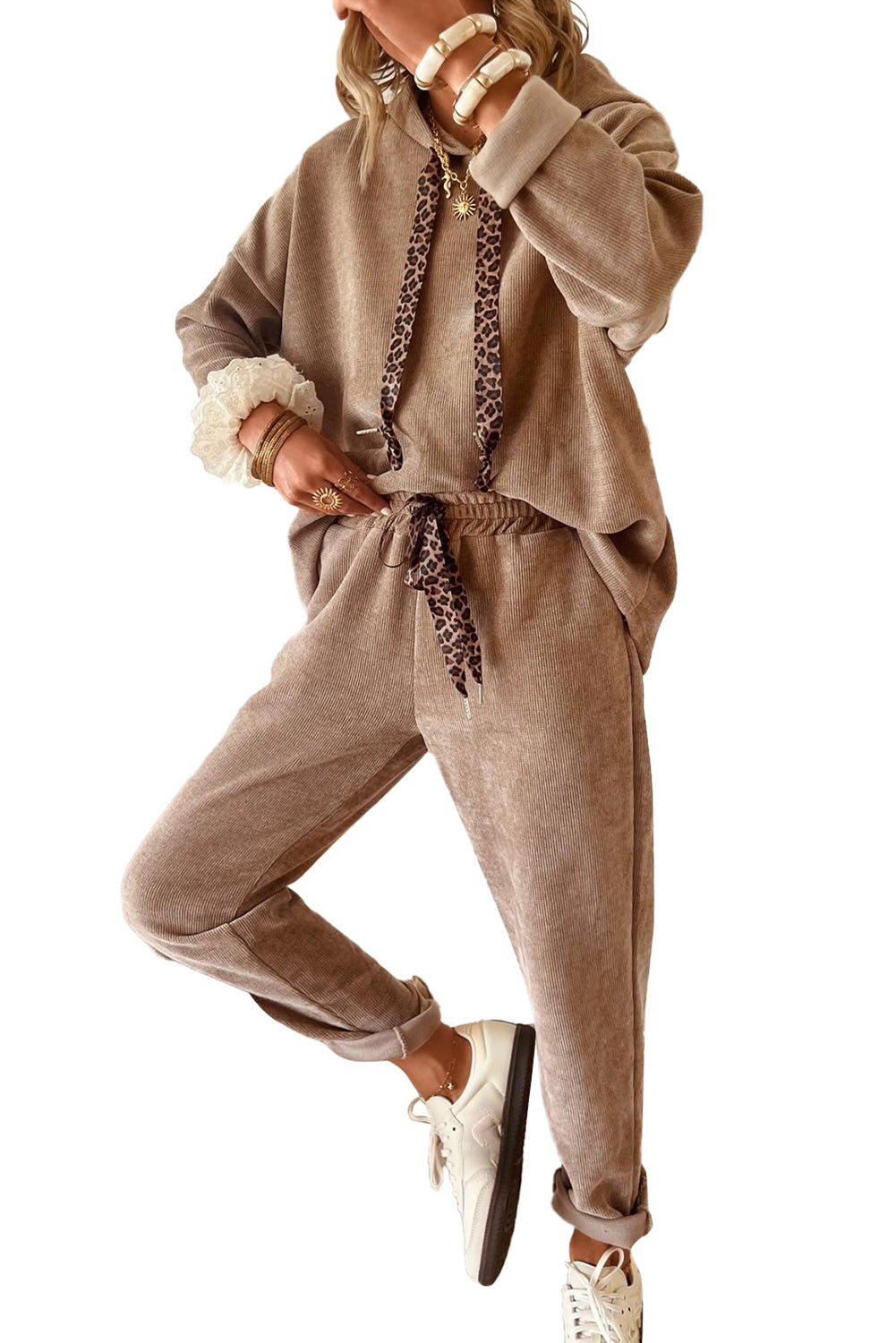 Rose Tan Drawstring Pullover Hoodie and High Waist Pants Corduroy Suit - MAD RUFFI