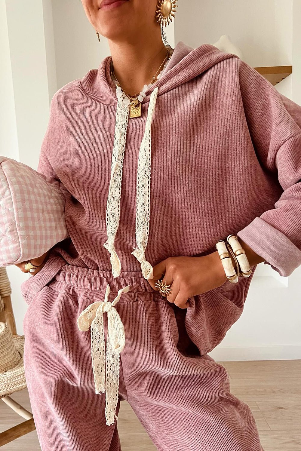 Rose Tan Drawstring Pullover Hoodie and High Waist Pants Corduroy Suit - MAD RUFFI