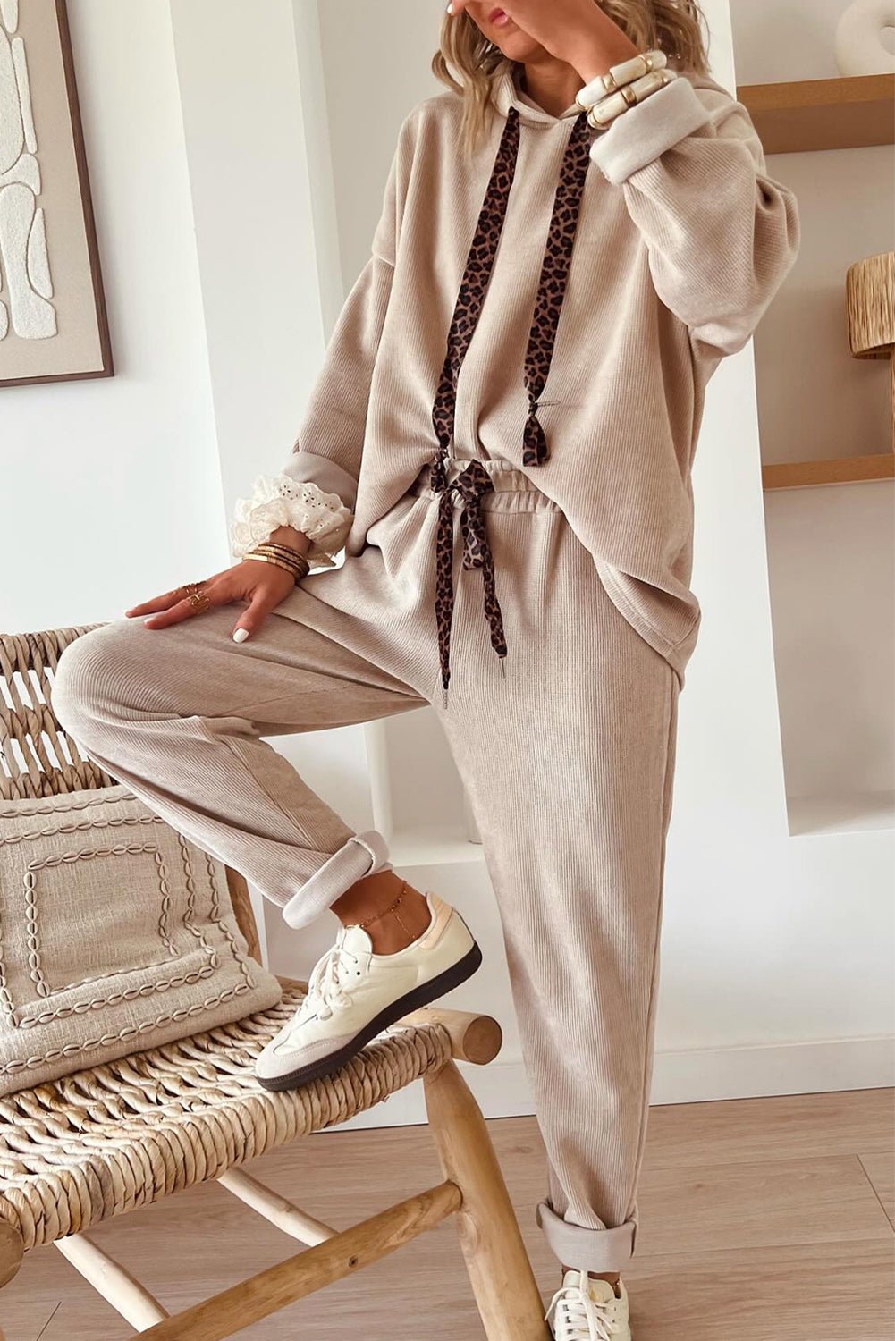 Rose Tan Drawstring Pullover Hoodie and High Waist Pants Corduroy Suit - MAD RUFFI