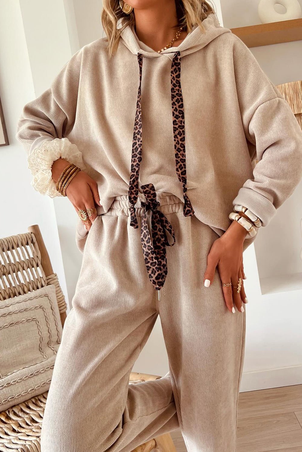Rose Tan Drawstring Pullover Hoodie and High Waist Pants Corduroy Suit - MAD RUFFI