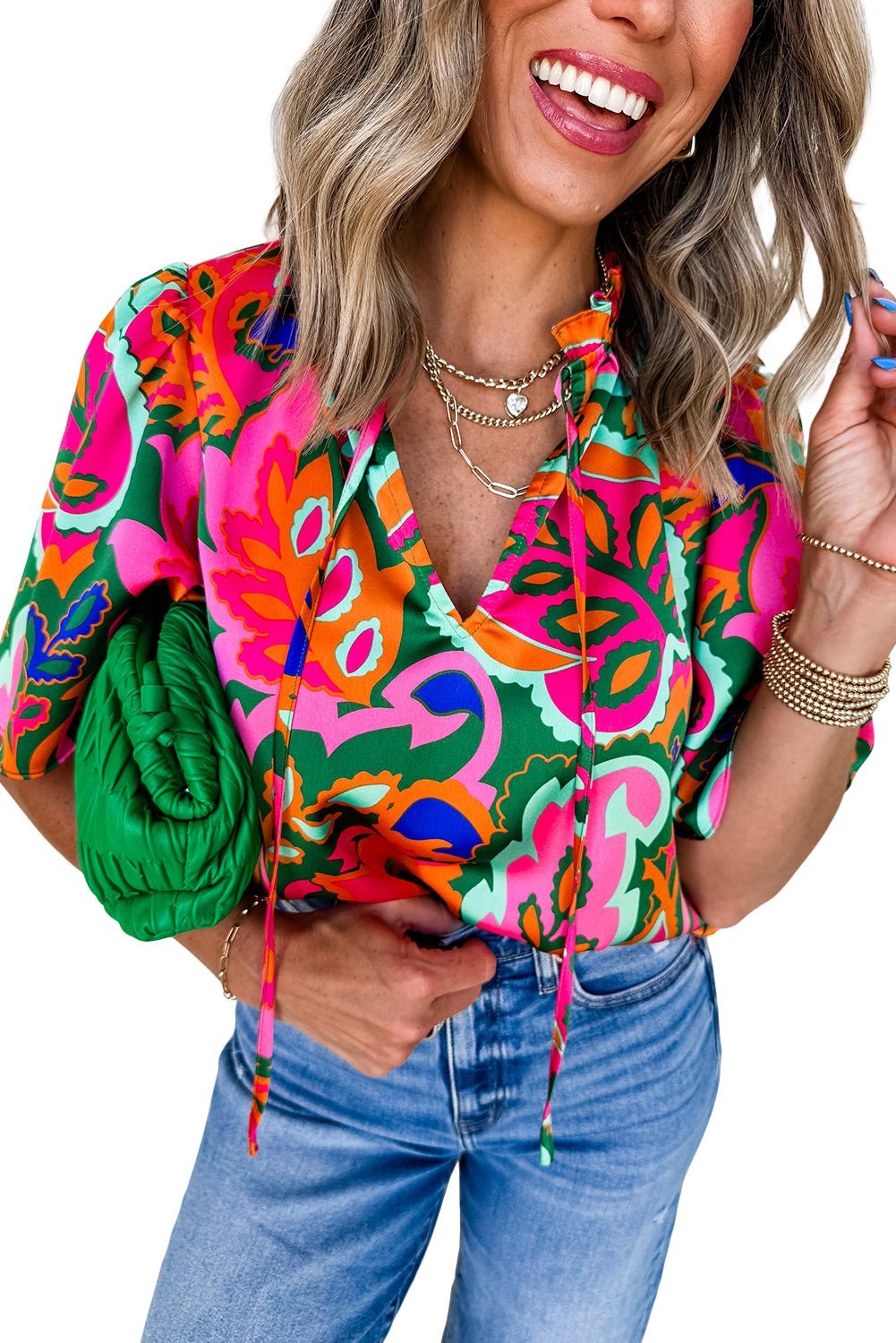 Rose Tropical Plant Print Frill V Neck Blouse - MAD RUFFI