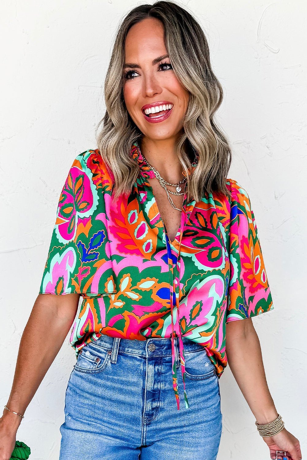 Rose Tropical Plant Print Frill V Neck Blouse - MAD RUFFI