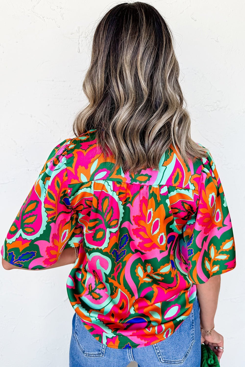 Rose Tropical Plant Print Frill V Neck Blouse - MAD RUFFI