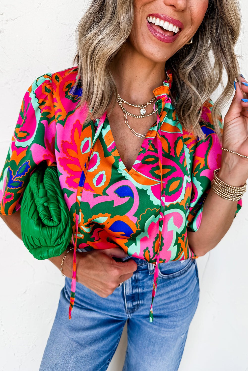 Rose Tropical Plant Print Frill V Neck Blouse - MAD RUFFI