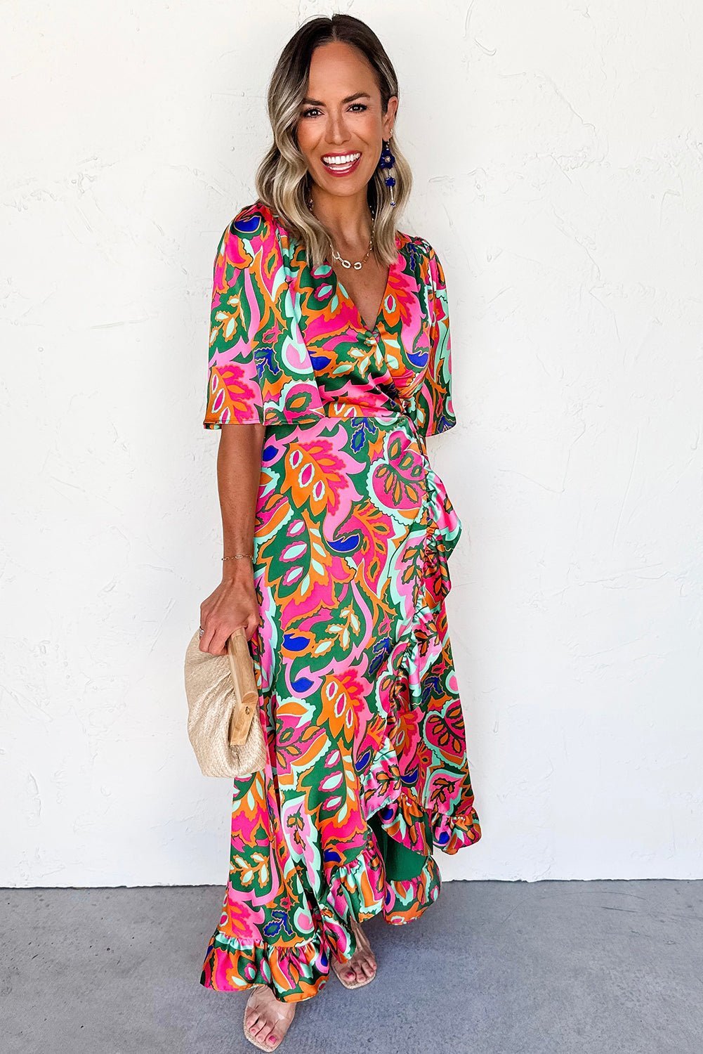 Rose Tropical Plant Print Surplice V Neck Ruffle Hem Maxi Dress - MAD RUFFI