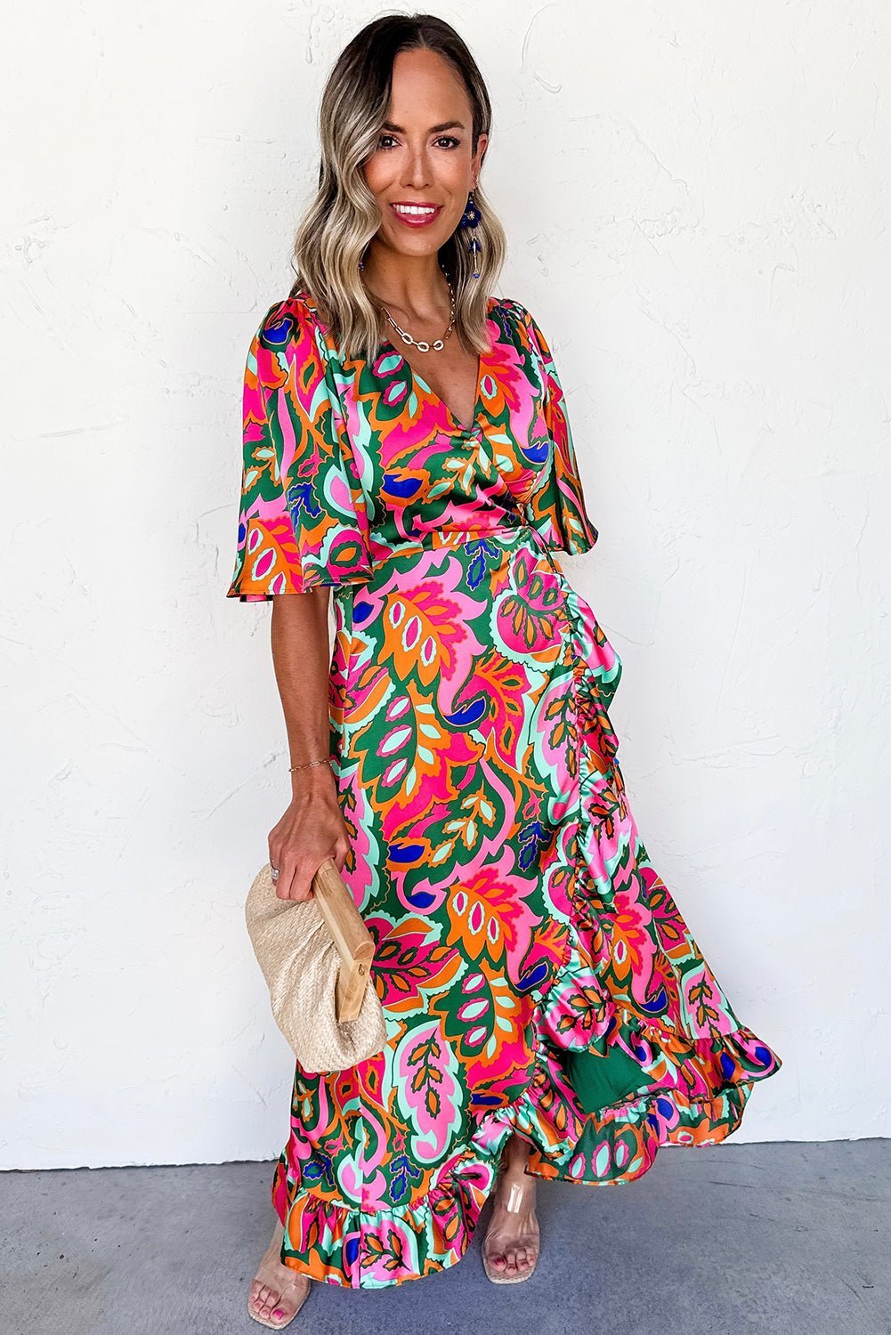 Rose Tropical Plant Print Surplice V Neck Ruffle Hem Maxi Dress - MAD RUFFI