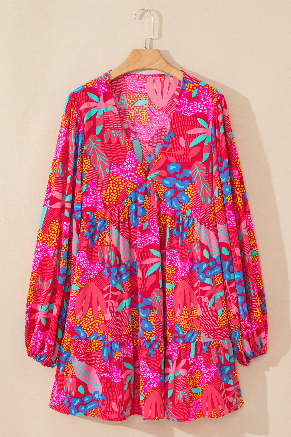 Rose Tropical Print Lantern Sleeve V Neck Ruffle Plus Size Mini Dress - Plus Size Dresses