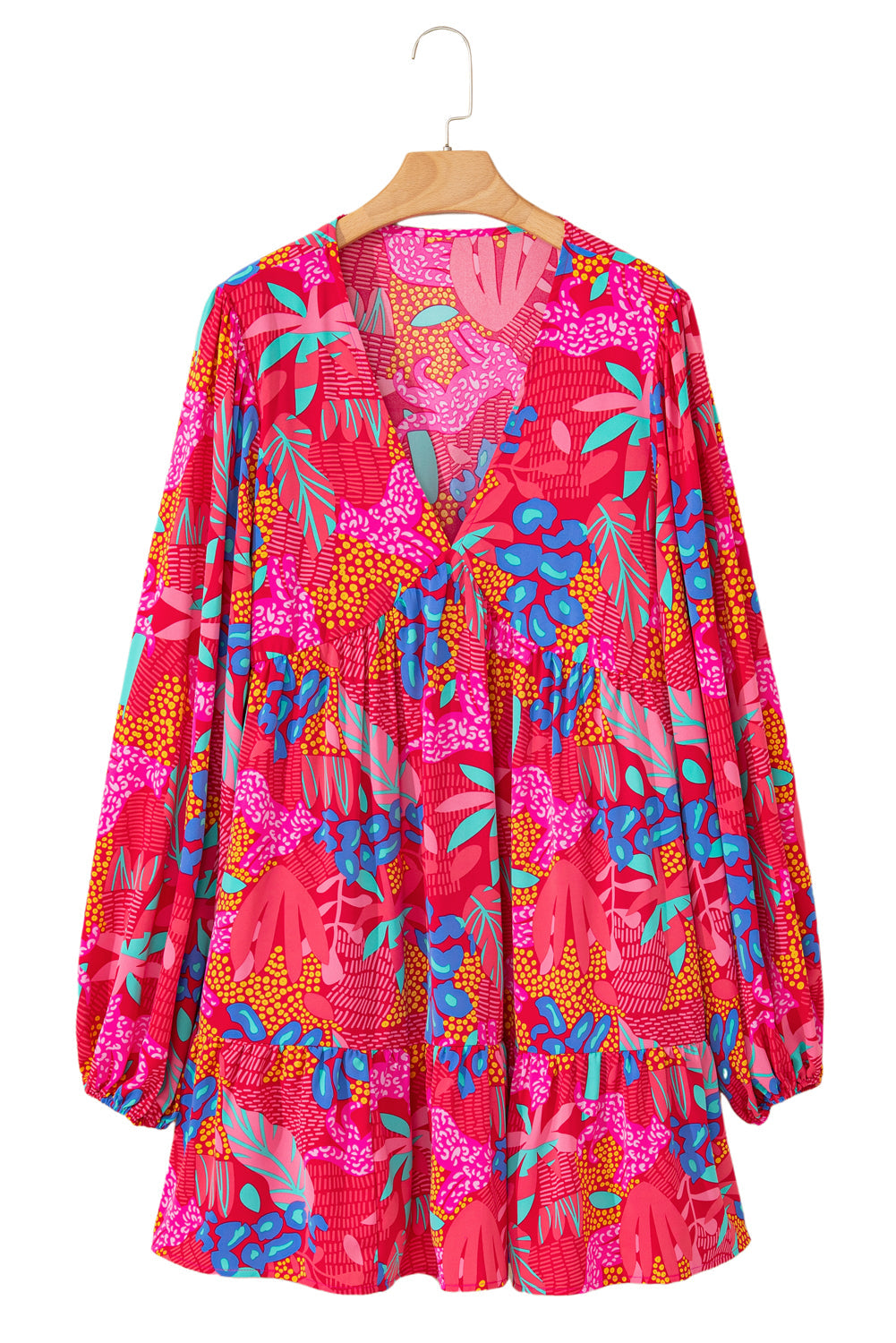 Rose Tropical Print Lantern Sleeve V Neck Ruffle Plus Size Mini Dress - Plus Size Dresses