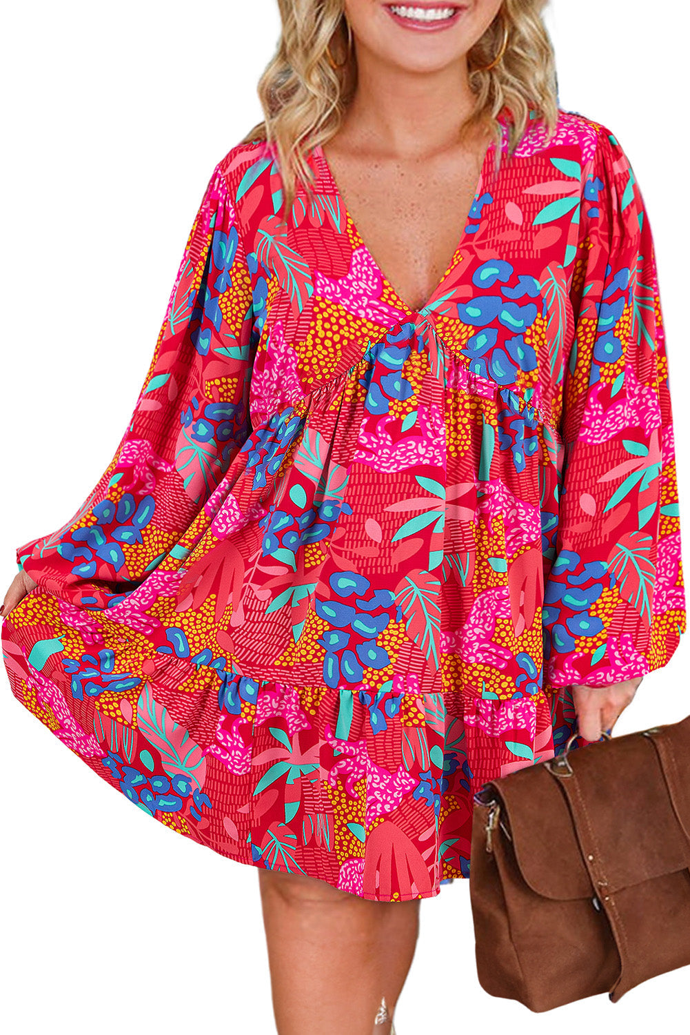 Rose Tropical Print Lantern Sleeve V Neck Ruffle Plus Size Mini Dress - Plus Size Dresses