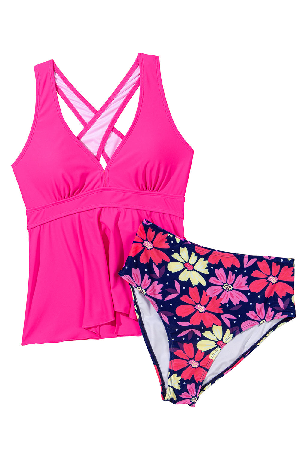 Rose V Neck Ruffle Hem Floral Bottom Tankini Set - Tankinis