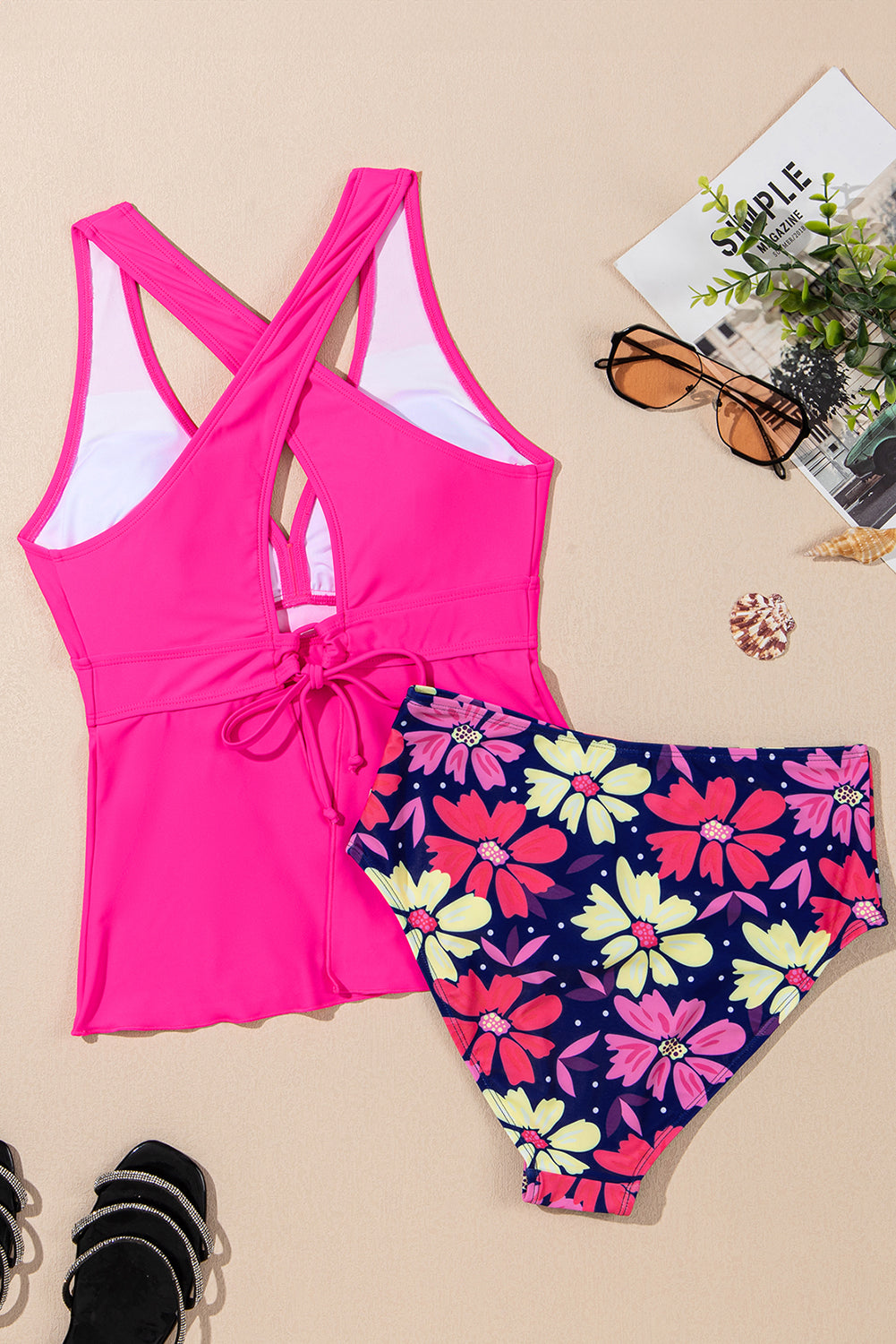 Rose V Neck Ruffle Hem Floral Bottom Tankini Set - Tankinis