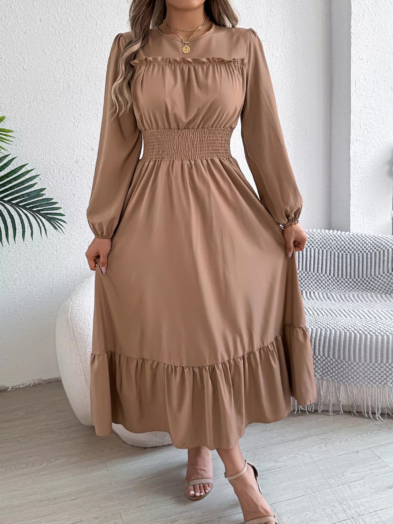 Round Neck Balloon Sleeve Tiered Dress - MAD RUFFI