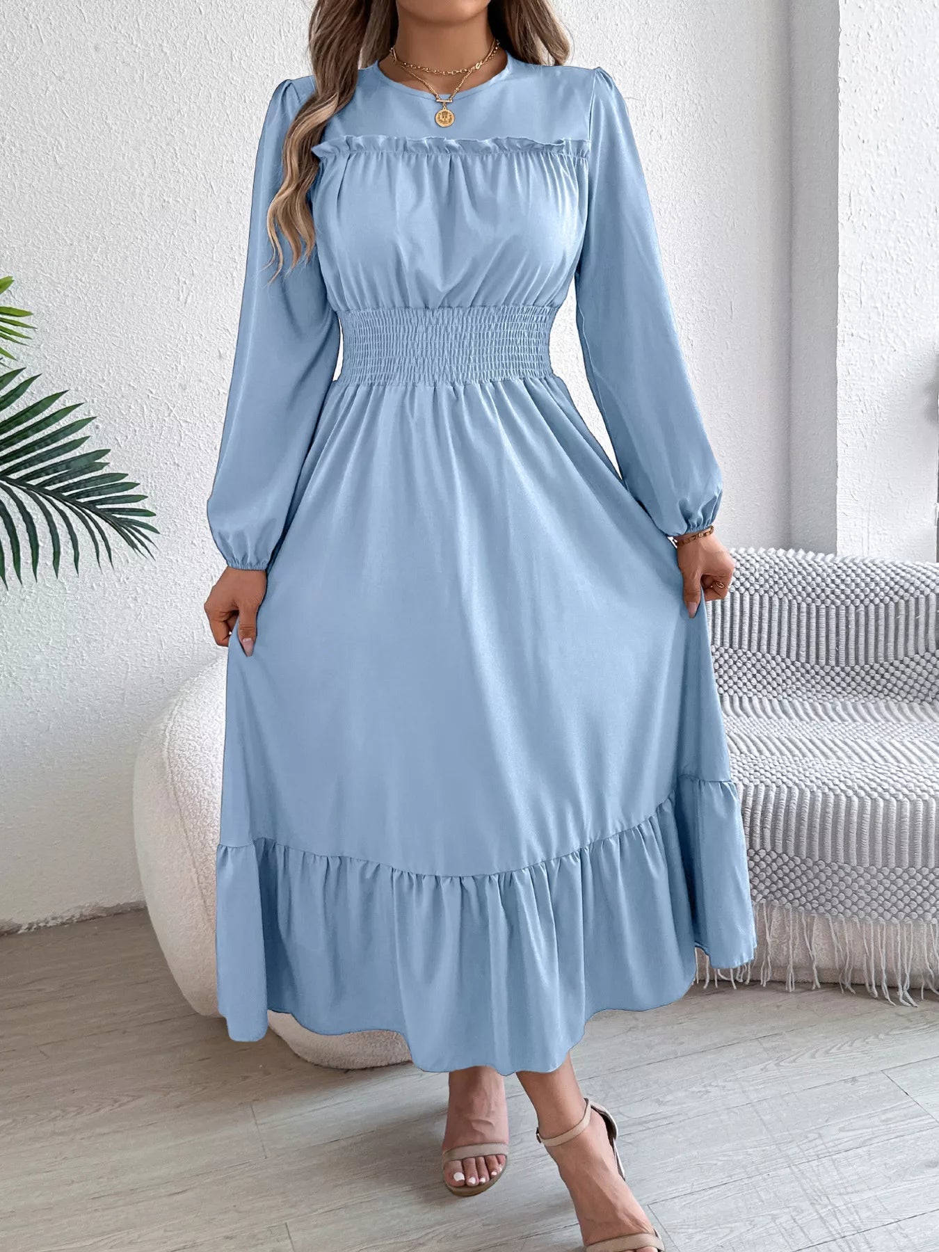 Round Neck Balloon Sleeve Tiered Dress - MAD RUFFI