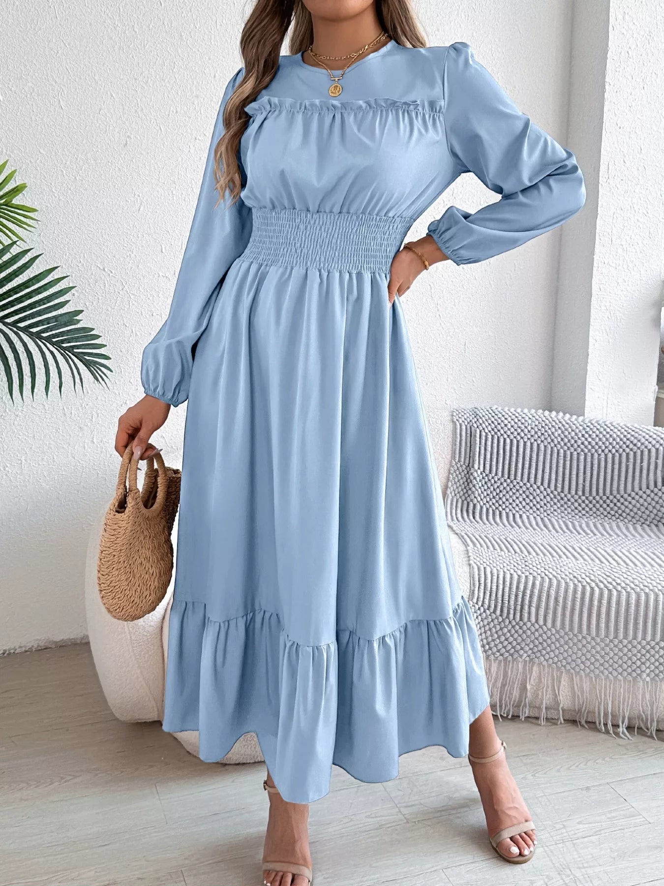 Round Neck Balloon Sleeve Tiered Dress - MAD RUFFI