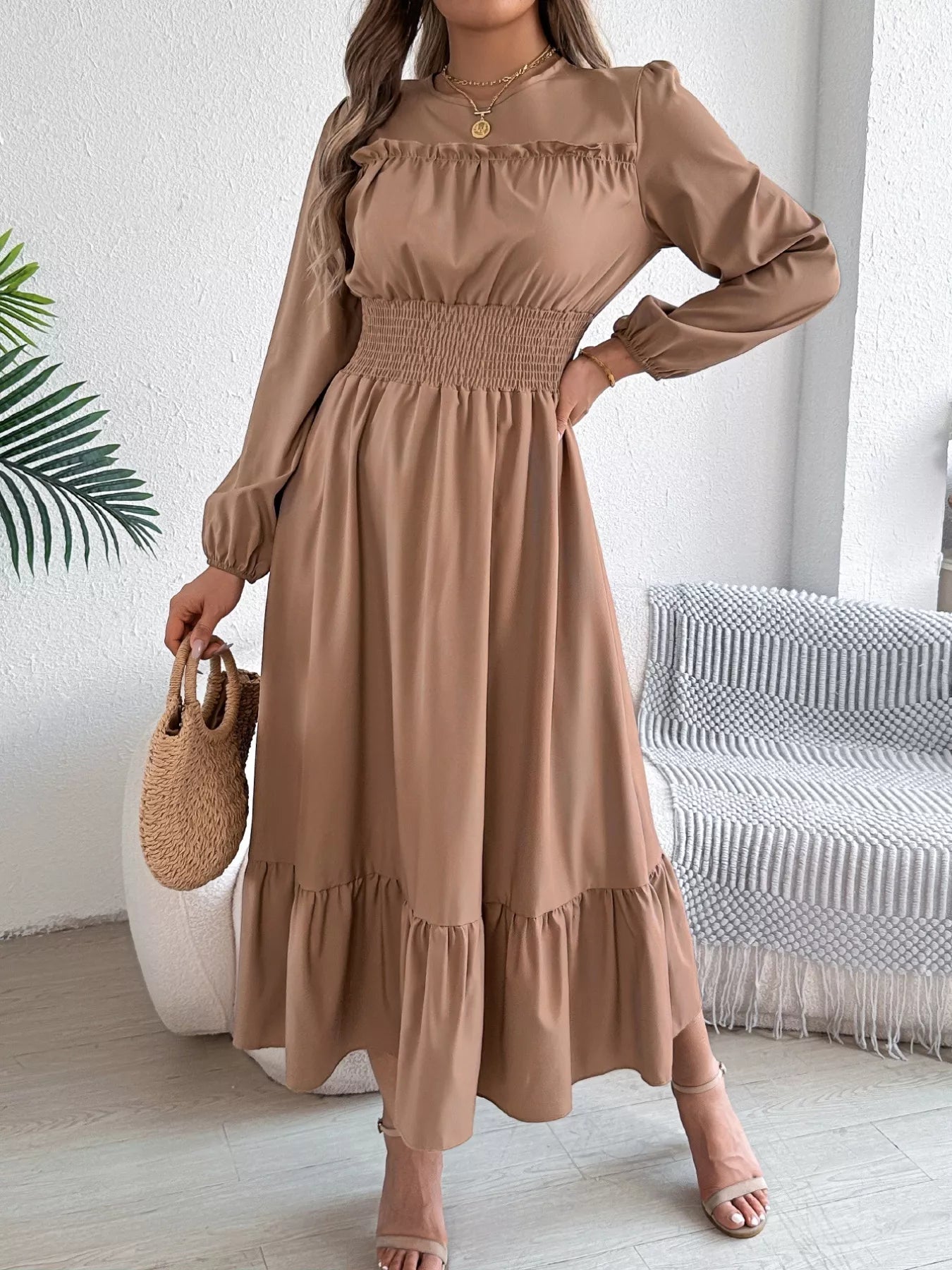 Round Neck Balloon Sleeve Tiered Dress - MAD RUFFI