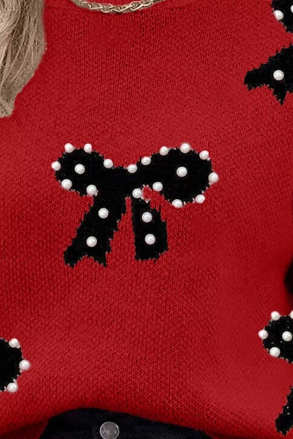 Round Neck Bow Pattern Pearl - Embellished Sweater - MAD RUFFI