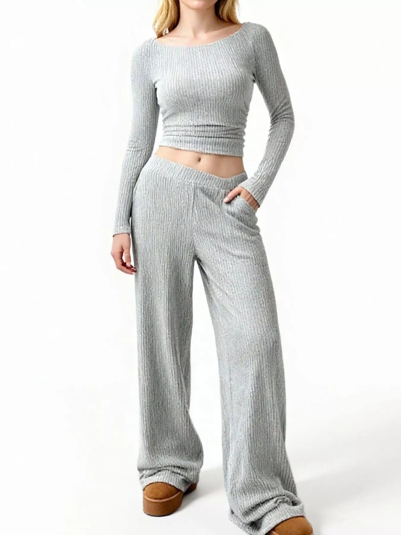 Round Neck Long Sleeve Top and Pants Set - MAD RUFFI