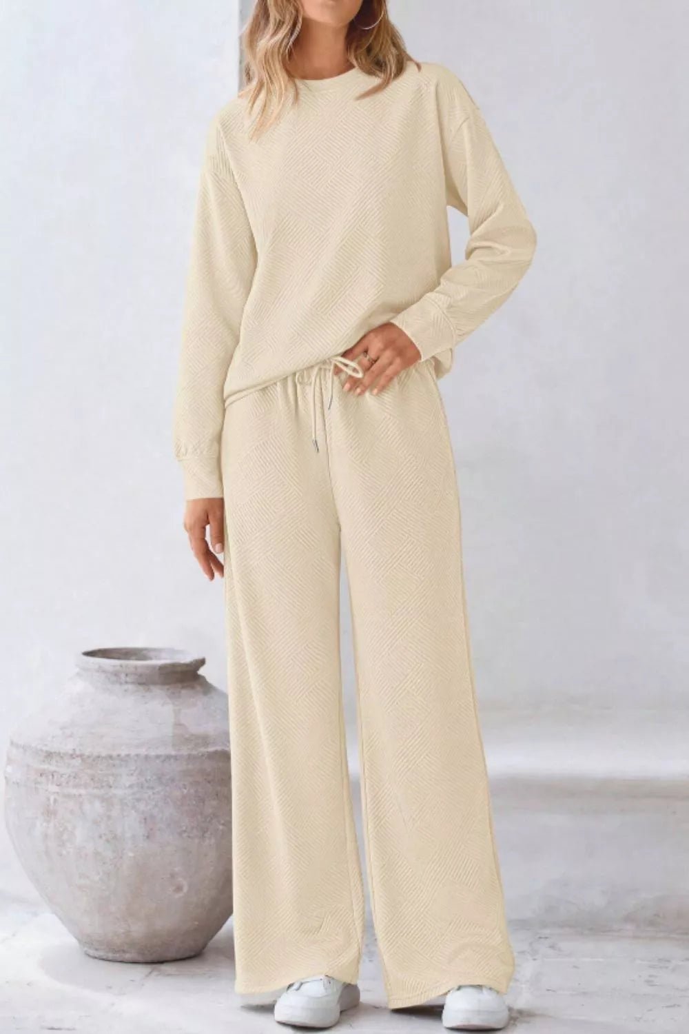 Round Neck Long Sleeve Top and Pants Set - MAD RUFFI