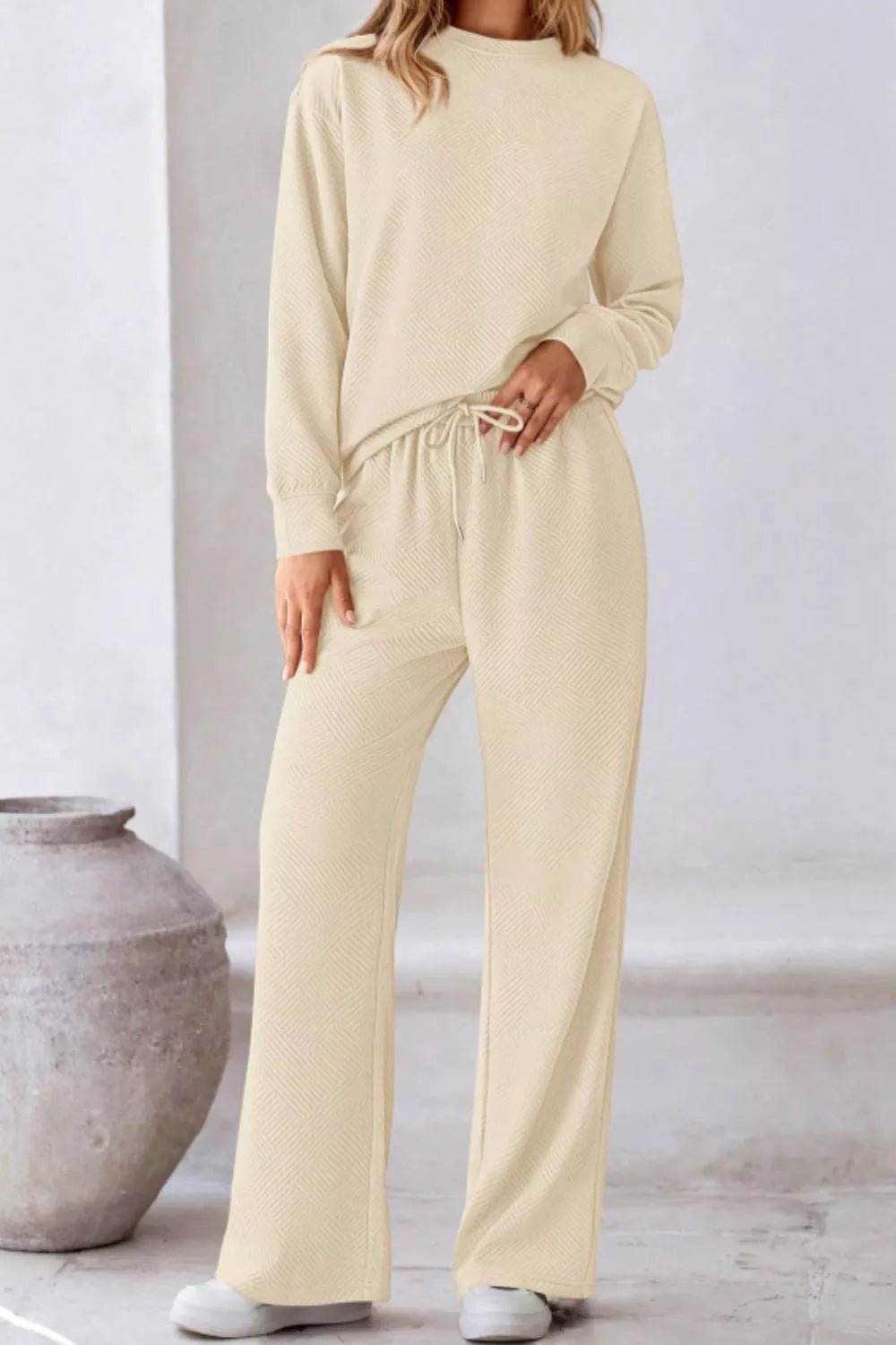 Round Neck Long Sleeve Top and Pants Set - MAD RUFFI