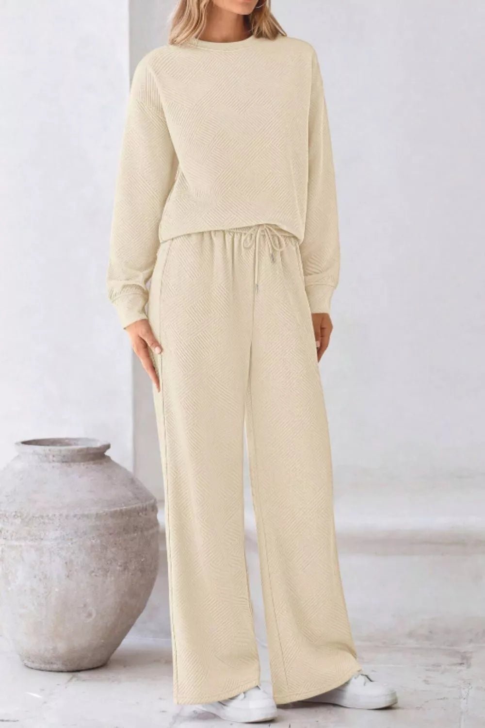 Round Neck Long Sleeve Top and Pants Set - MAD RUFFI