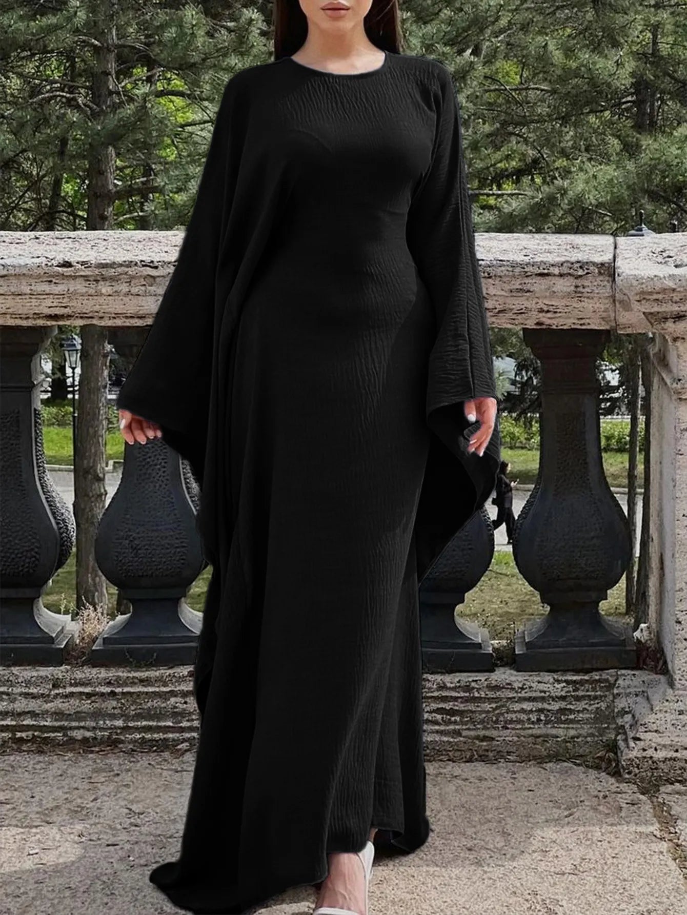 Round Neck Maxi Dress with Flowing Cape Sleeves - MAD RUFFI