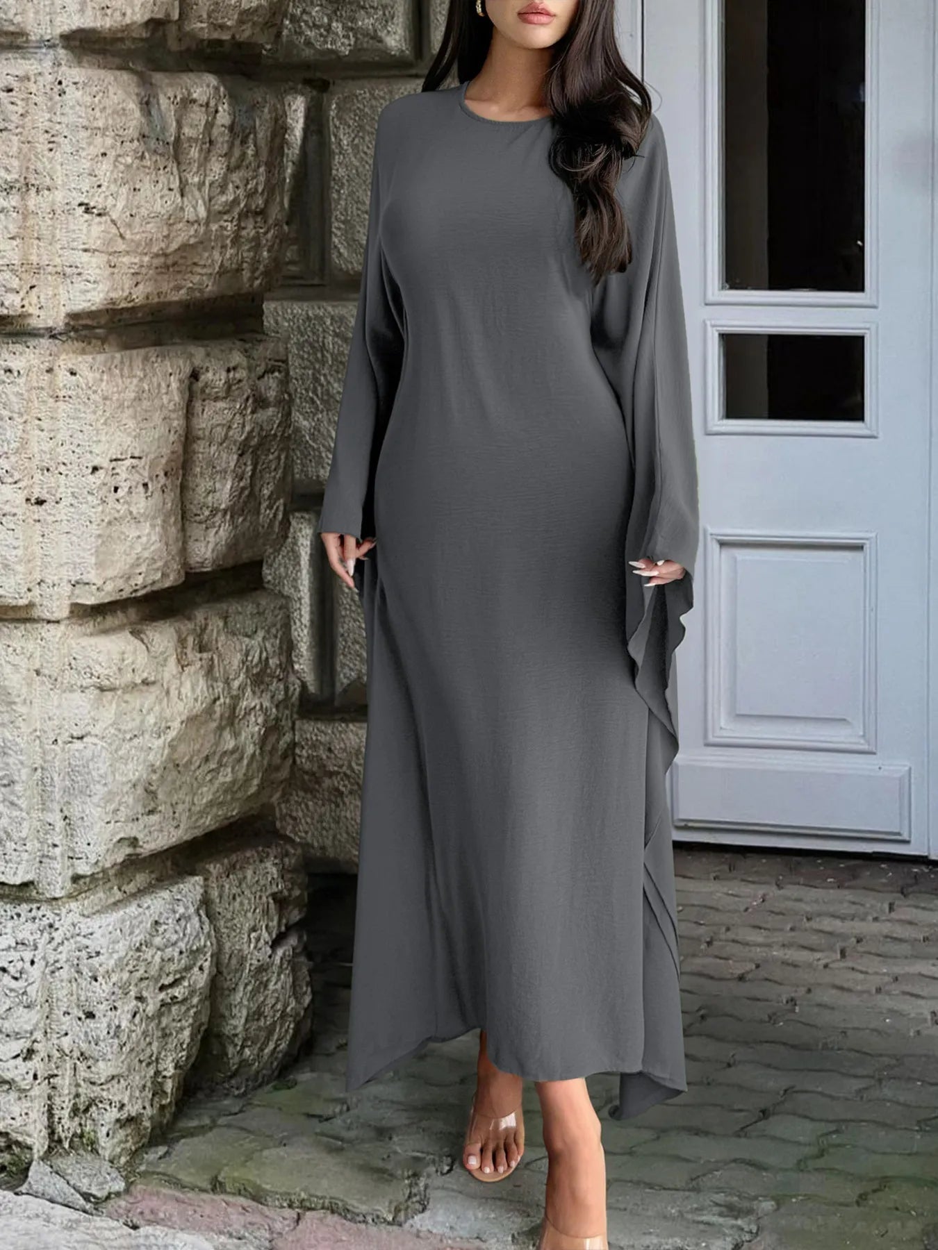 Round Neck Maxi Dress with Flowing Cape Sleeves - MAD RUFFI