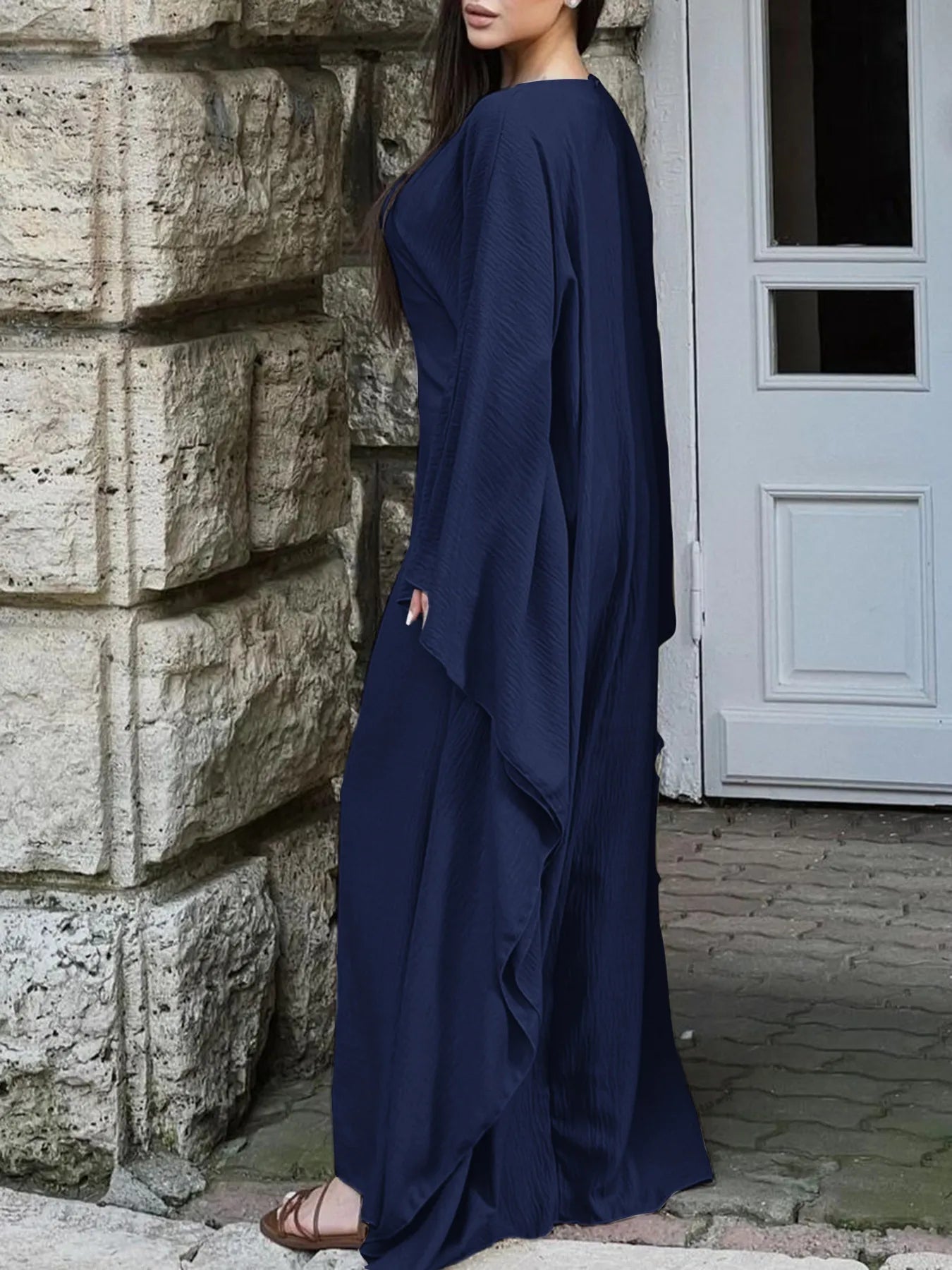 Round Neck Maxi Dress with Flowing Cape Sleeves - MAD RUFFI