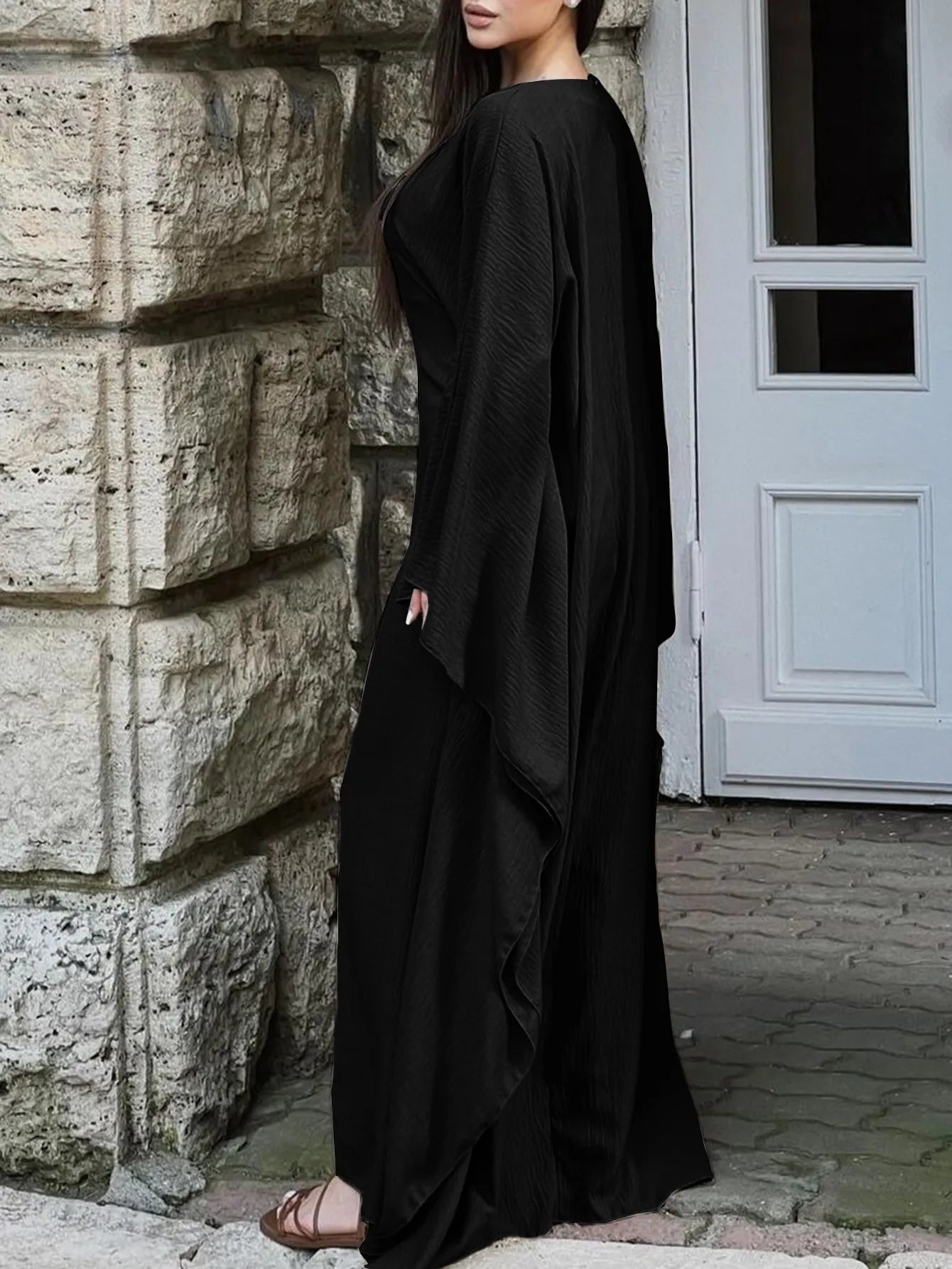 Round Neck Maxi Dress with Flowing Cape Sleeves - MAD RUFFI