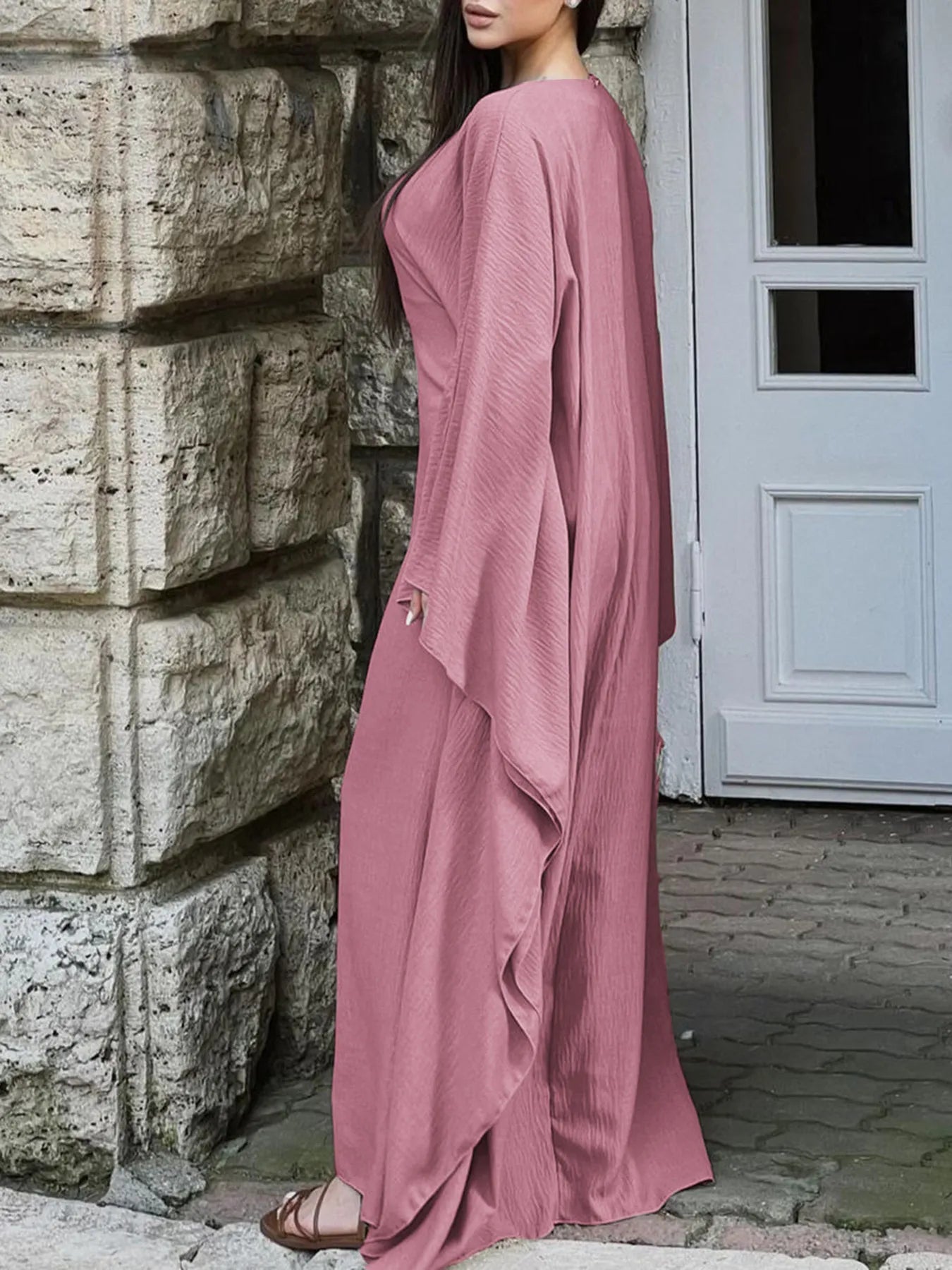 Round Neck Maxi Dress with Flowing Cape Sleeves - MAD RUFFI