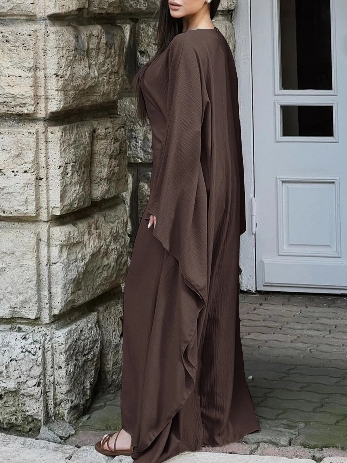 Round Neck Maxi Dress with Flowing Cape Sleeves - MAD RUFFI