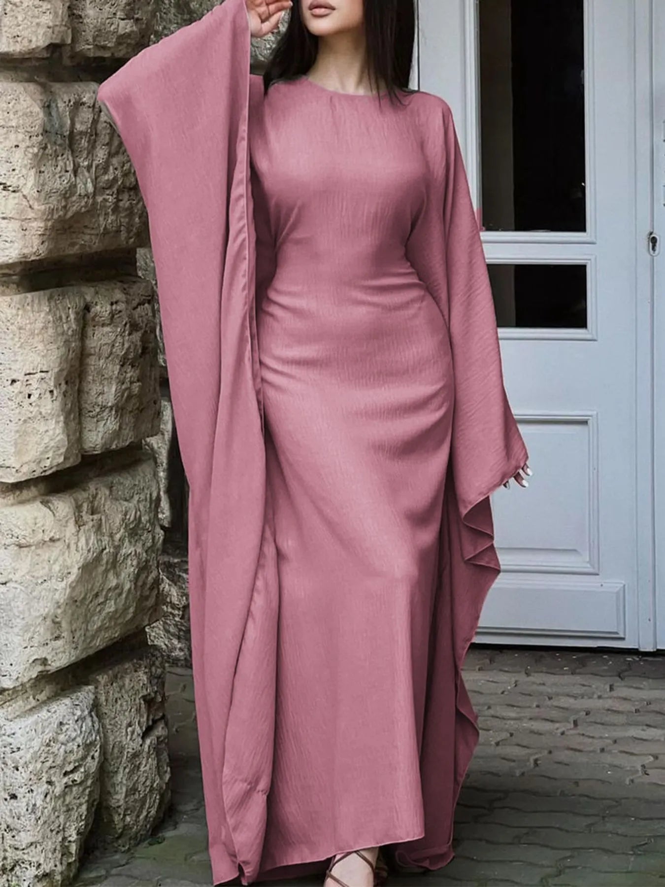 Round Neck Maxi Dress with Flowing Cape Sleeves - MAD RUFFI