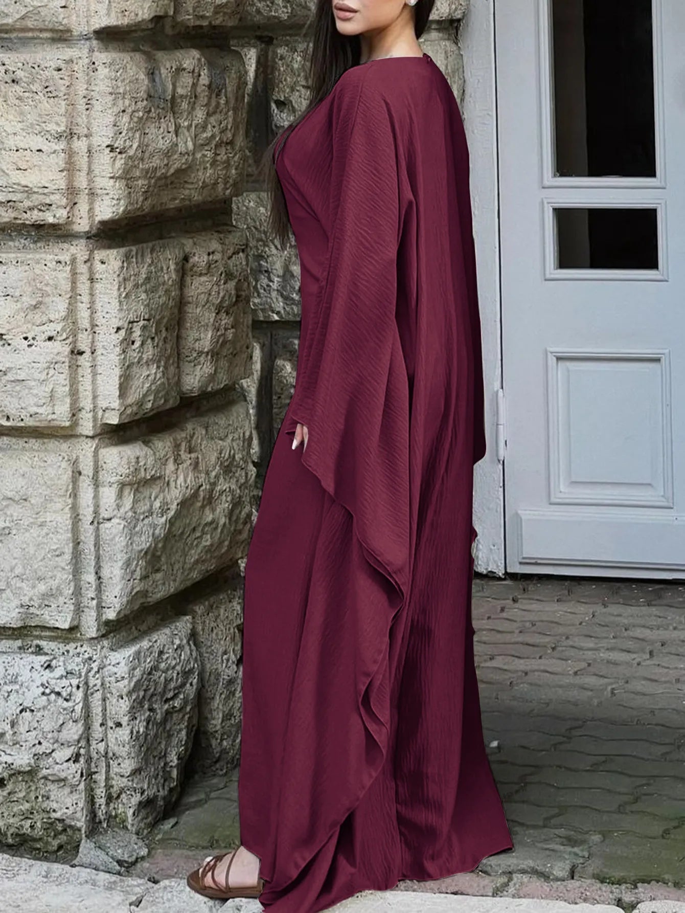 Round Neck Maxi Dress with Flowing Cape Sleeves - MAD RUFFI