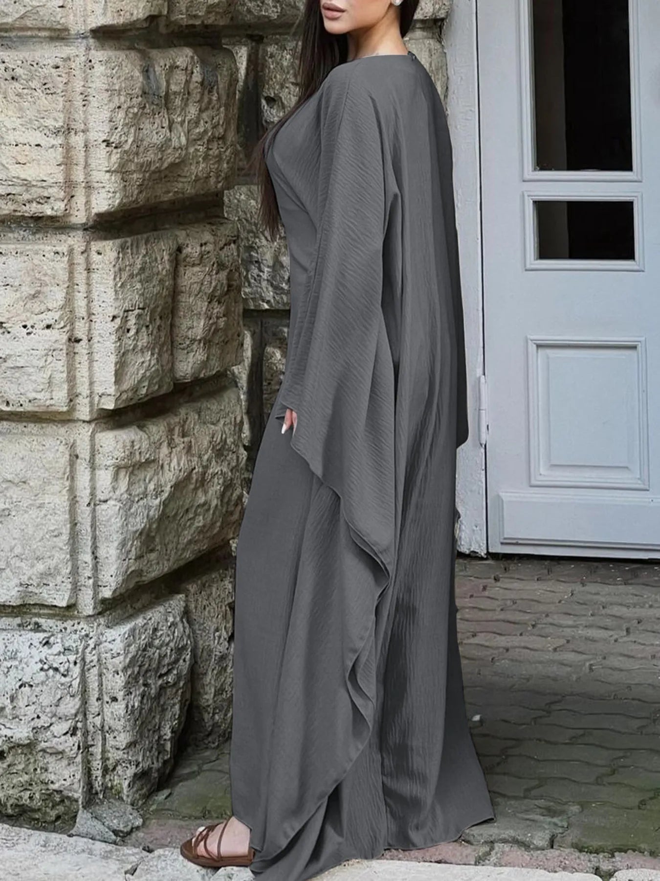 Round Neck Maxi Dress with Flowing Cape Sleeves - MAD RUFFI