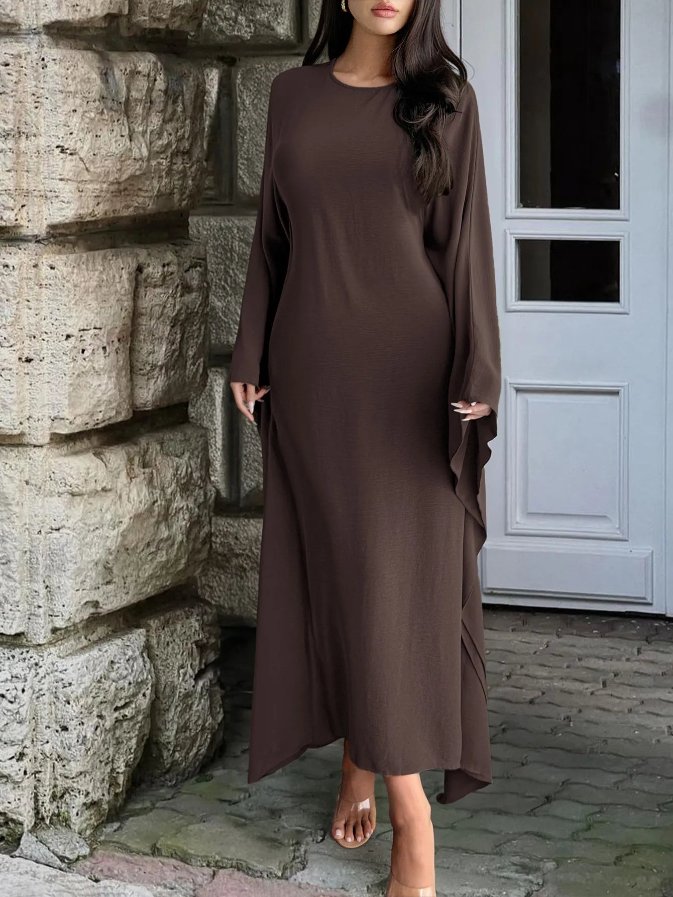 Round Neck Maxi Dress with Flowing Cape Sleeves - MAD RUFFI
