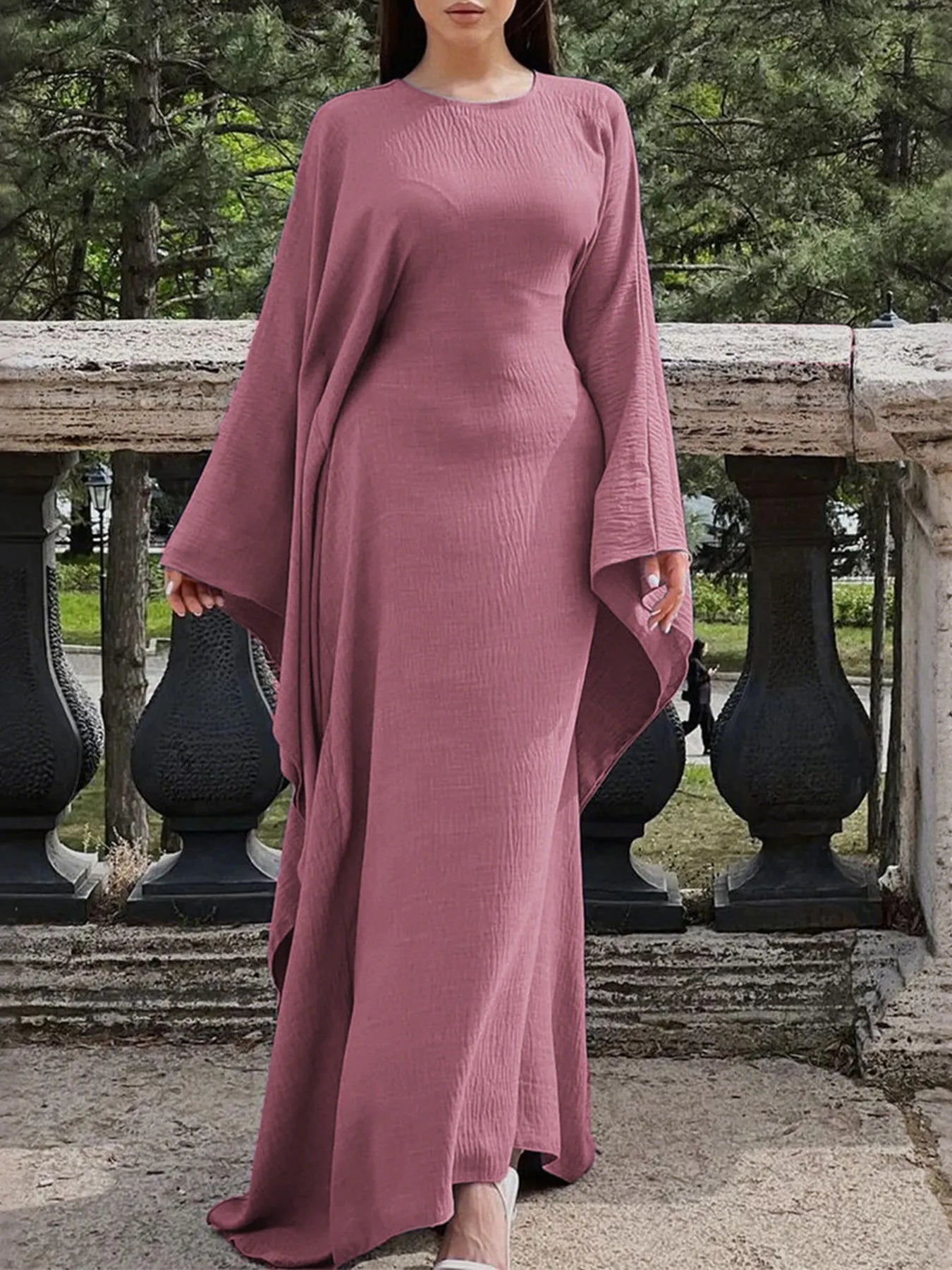 Round Neck Maxi Dress with Flowing Cape Sleeves - MAD RUFFI