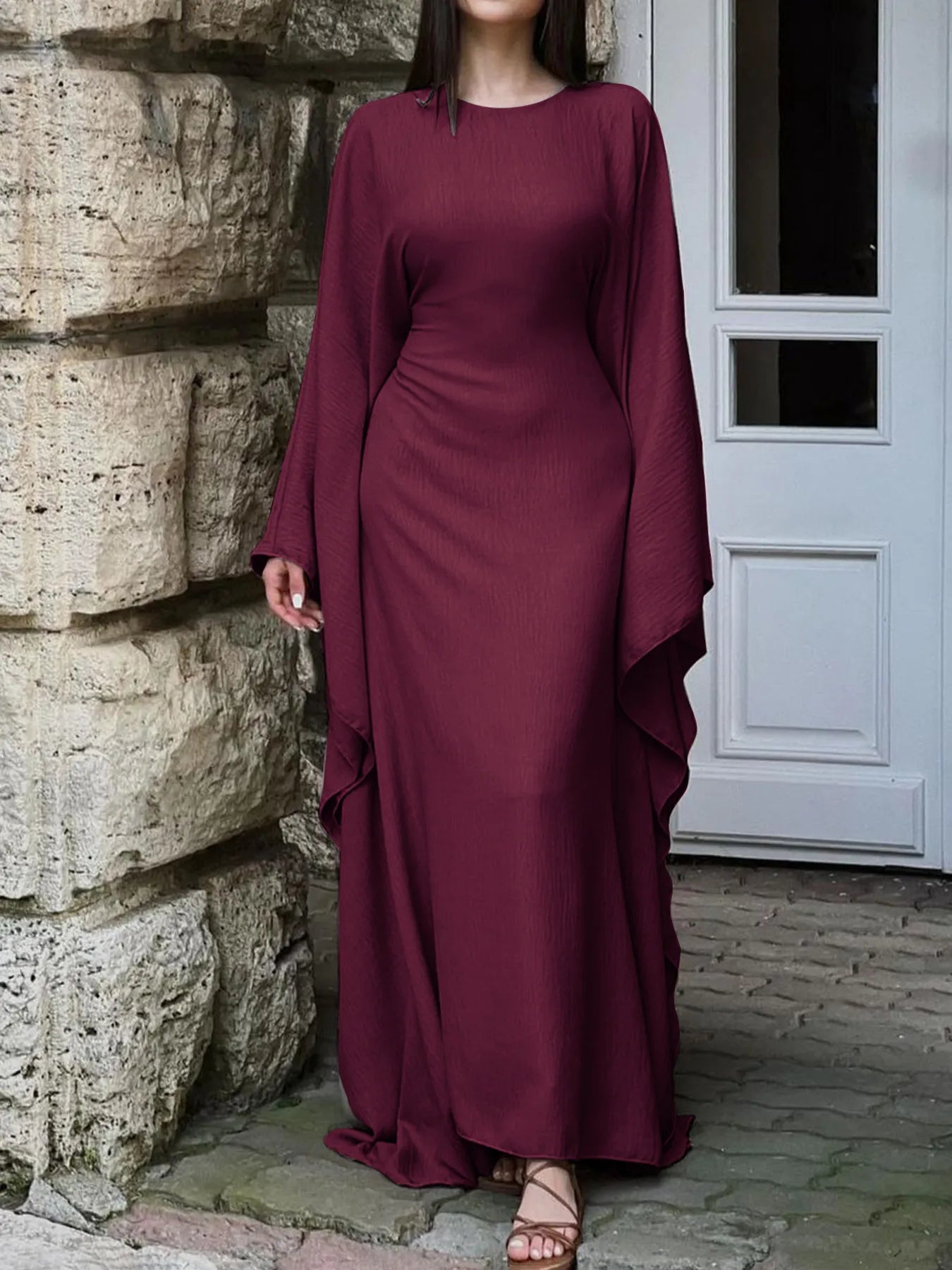 Round Neck Maxi Dress with Flowing Cape Sleeves - MAD RUFFI