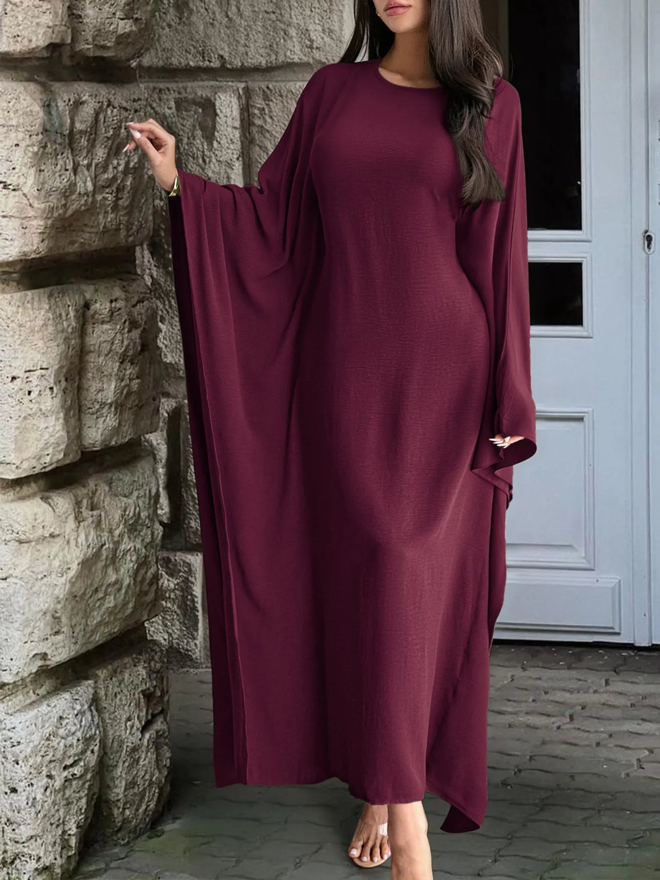 Round Neck Maxi Dress with Flowing Cape Sleeves - MAD RUFFI