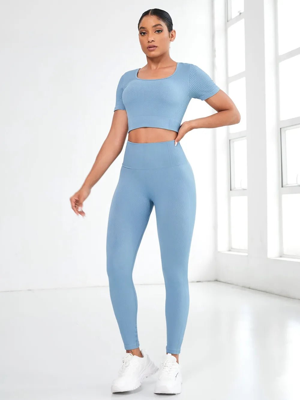Round Neck Short Sleeve Top and Leggings Active Set - MAD RUFFI